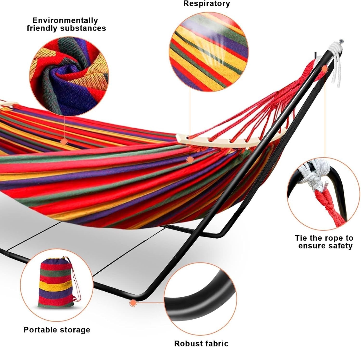 Double Cotton Hammock with Stand, Adjustable, Portable, Easy Set-Up, 200kg Capac