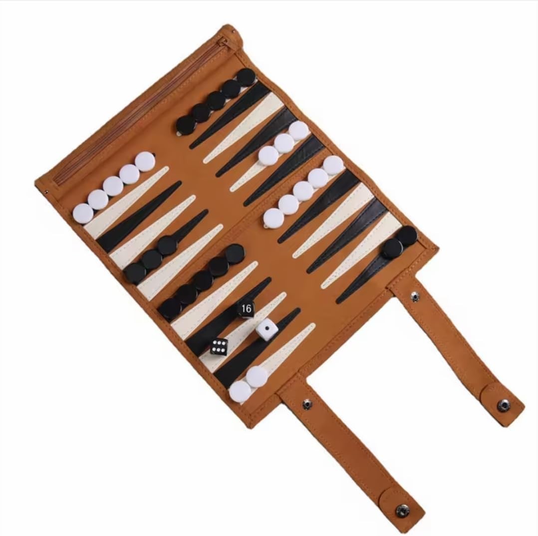 Portable Roll Up Backgammon Set Travel Board Game Faux Leather Case