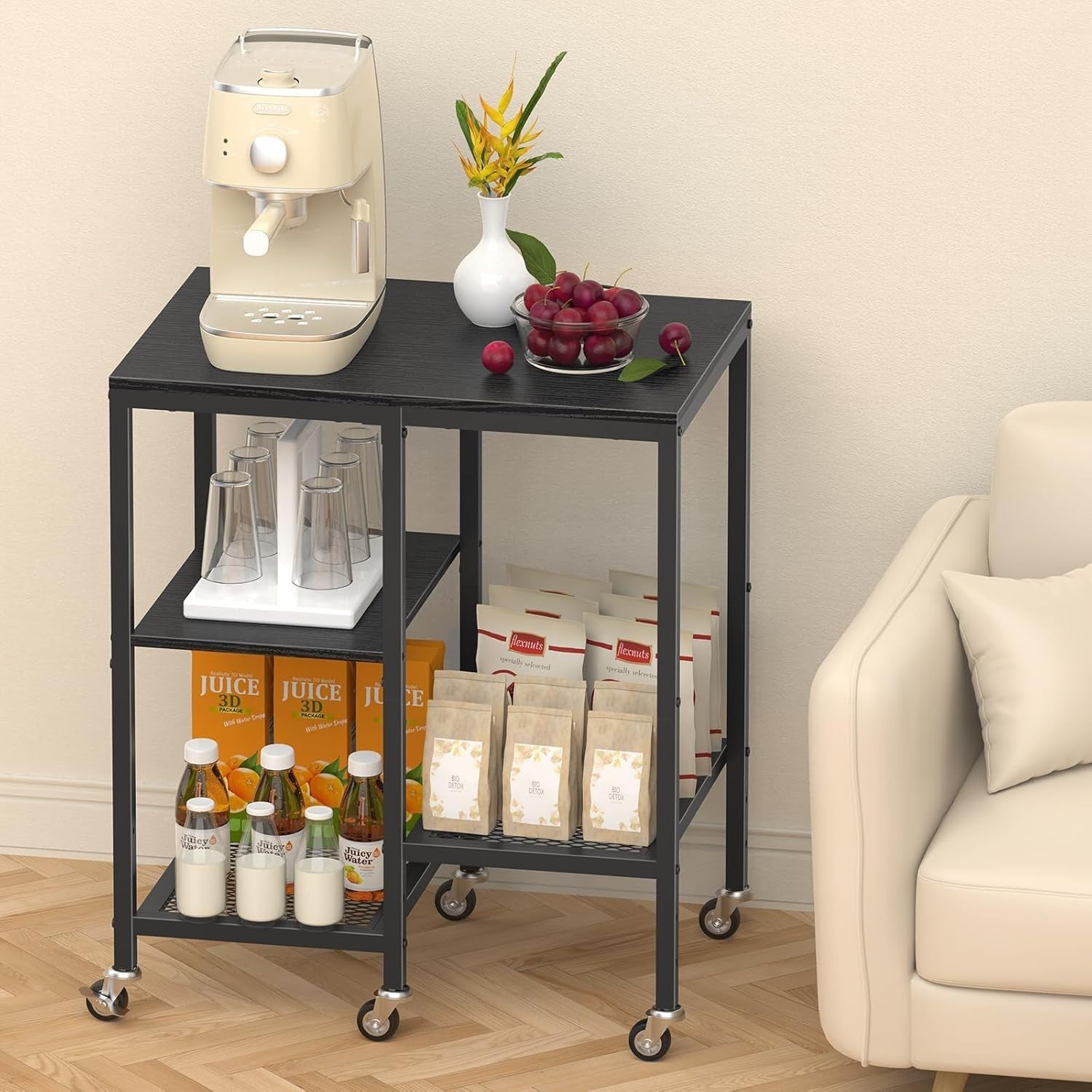 4 Tier Kitchen Storage Rack on Wheels Coffee Bar Baker’s Trolley Black