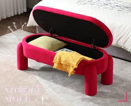 Rose Red Velvet Storage Ottoman Bench with Spacious Seat & Hidden Storage