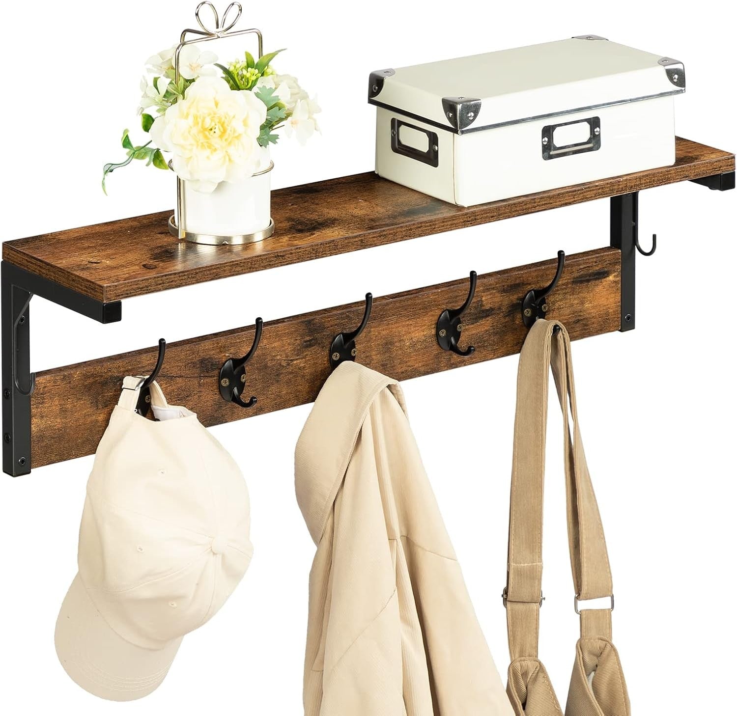 Rustic Wall Coat Rack with Shelf 7 Hooks 70cm Hallway Entryway Organizer