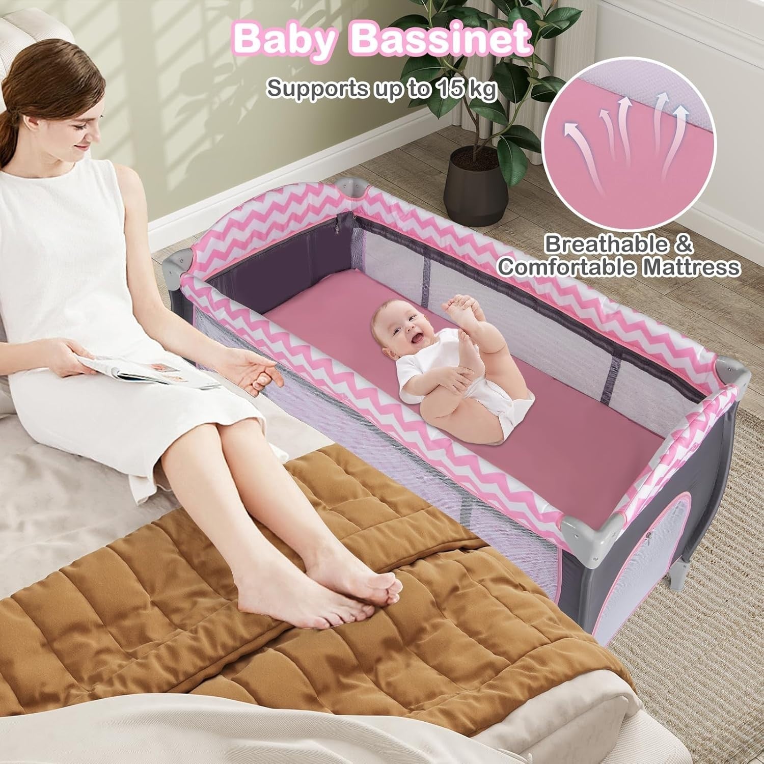 4in1 Travel Cot Baby Bedside Foldable Crib Bassinet Portable Playard Pink