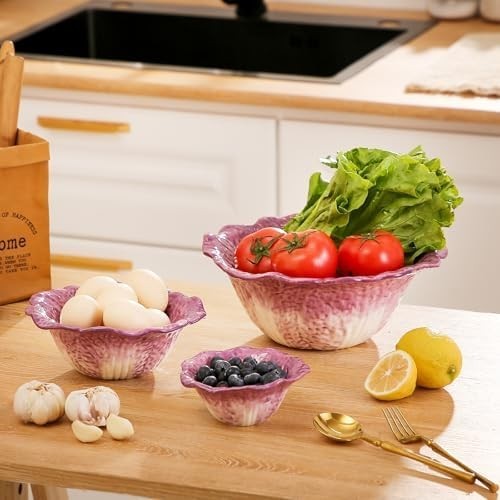 KXZ 3-Piece Purple Ceramic Mixing Bowls Set Nesting Microwave & Dishwasher Safe