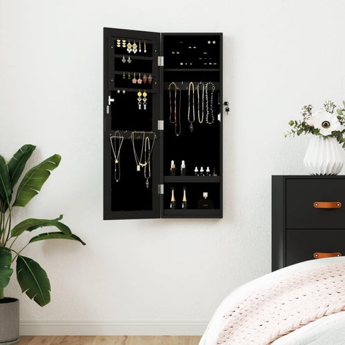 Slim Wall Mounted Jewelry Cabinet Mirror Lockable Vertical Storage Black