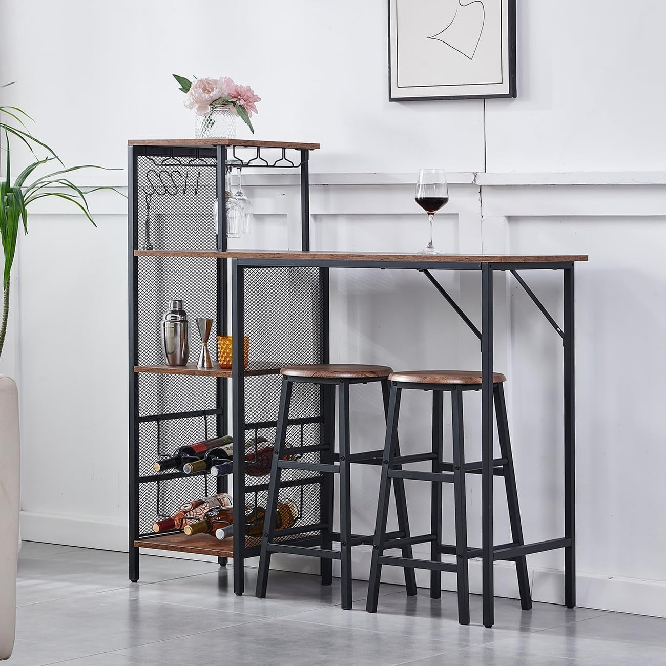 3-Piece Bar Table Set with 2 Stools Wood Top Space-Saving Dining Table Set