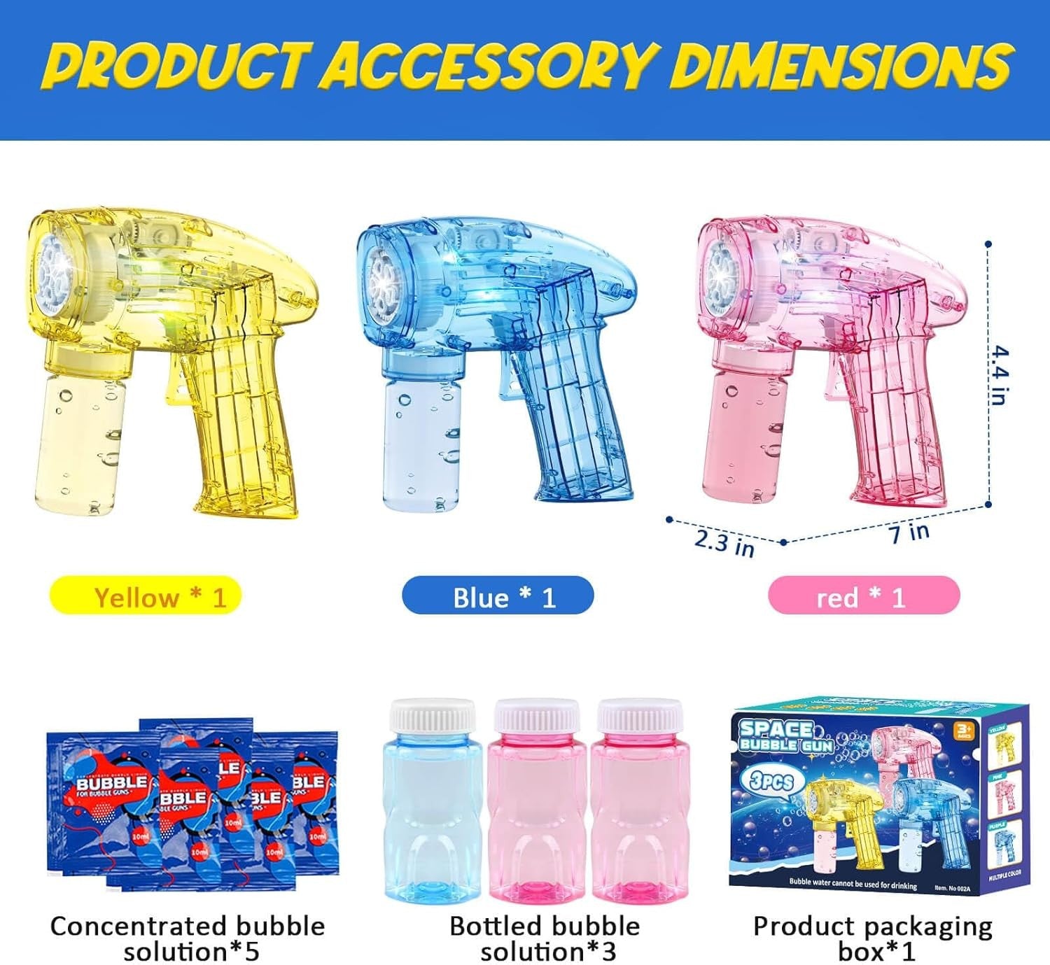 3 Pack Bubble Guns with LED Lights Kids Party Toy Set