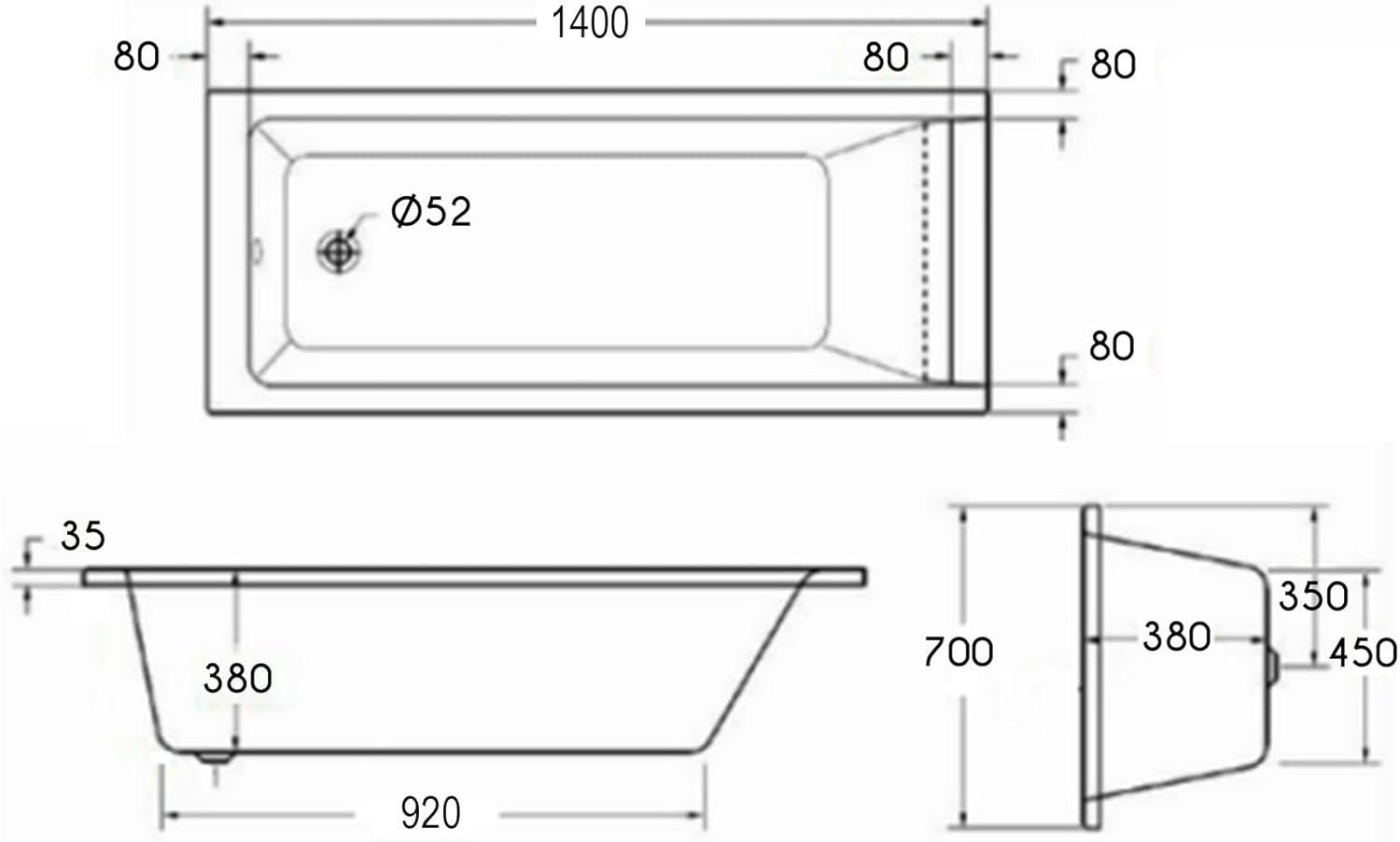 1400 x 700mm Single Ended Acrylic Square – White Designer Soaking Bath Tub