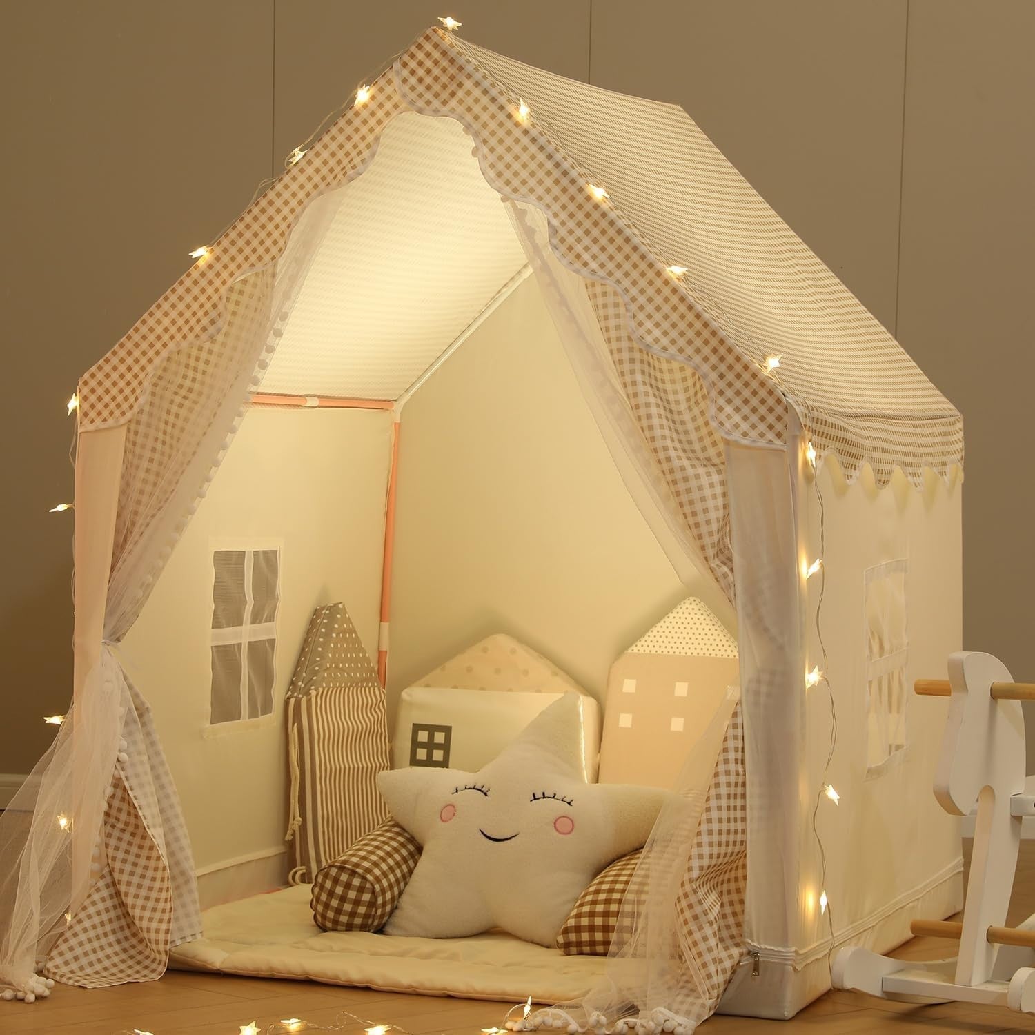 Neutral Beige Kids Play Tent Star Lights Indoor Outdoor Teepee House