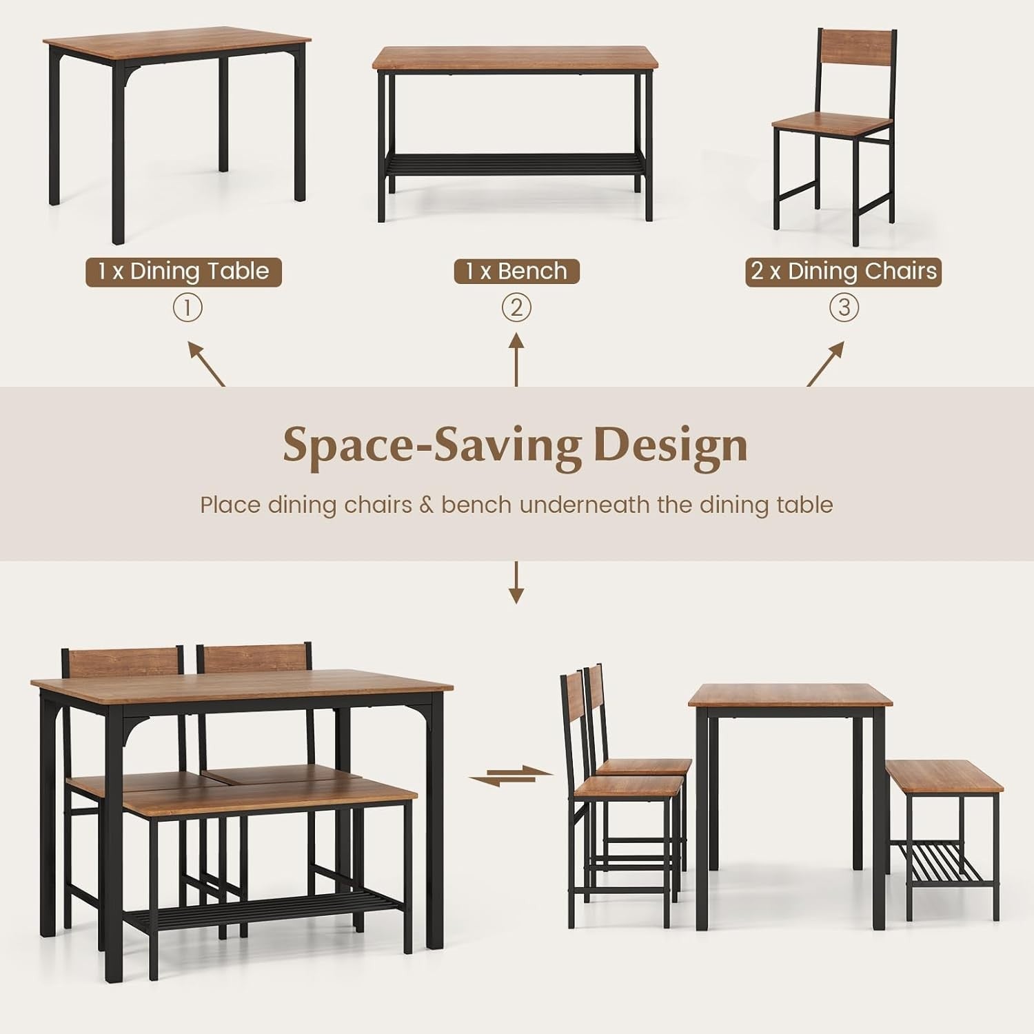 Teak Brown Industrial Dining Set with Bench & Storage Shelf – Seats 4