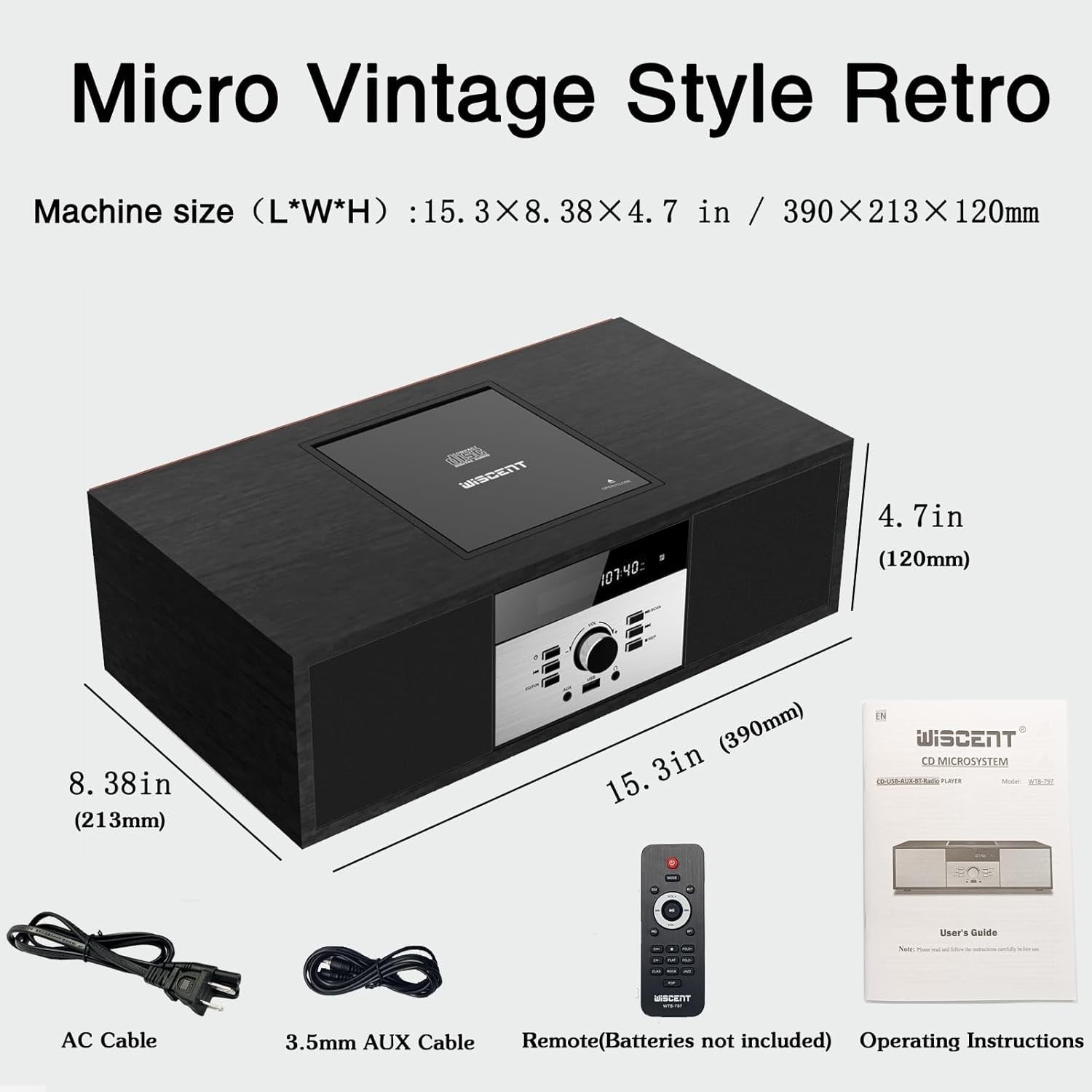 Retro Bluetooth CD Stereo System with USB, FM Radio, Wooden HiFi Speakers