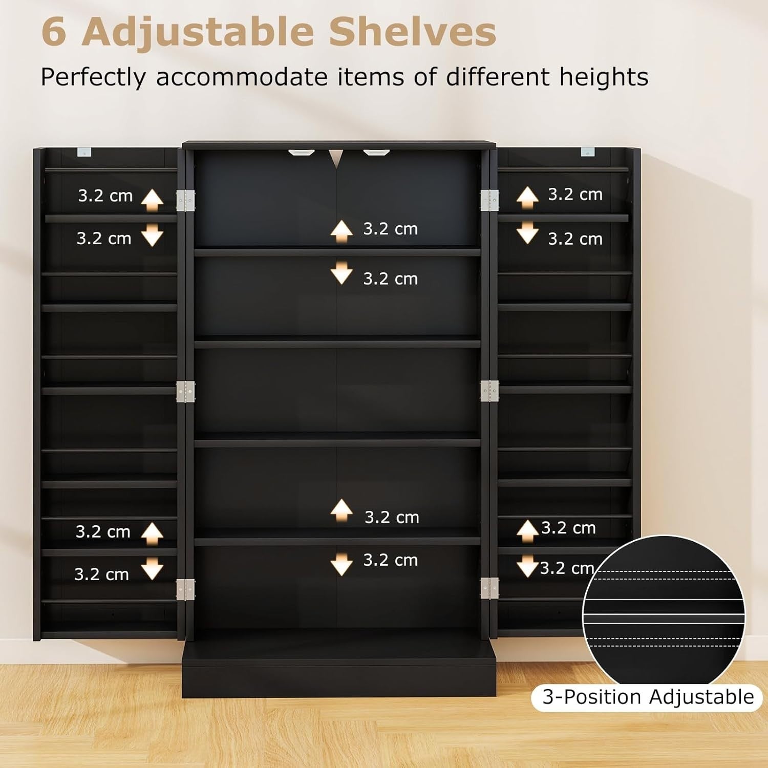 Small Black Pantry Cabinet with 2 Doors and 17 Shelves