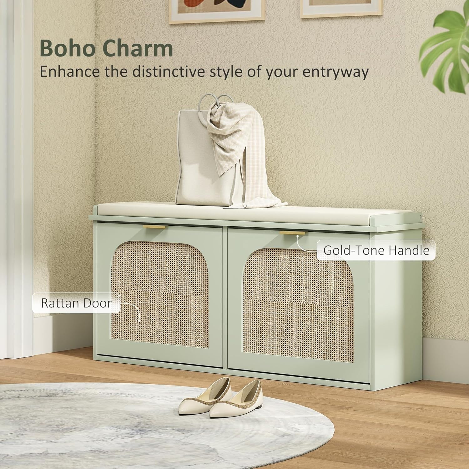 Compact Boho Shoe Bench with 2 Flip Drawers & Padded Seat, Holds 10 Pairs