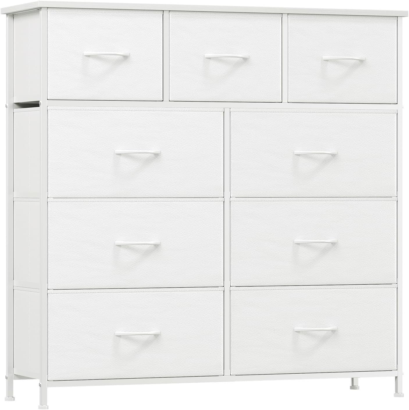 White 9 Drawer Tall Chest Fabric Dresser Storage Organizer for Bedroom