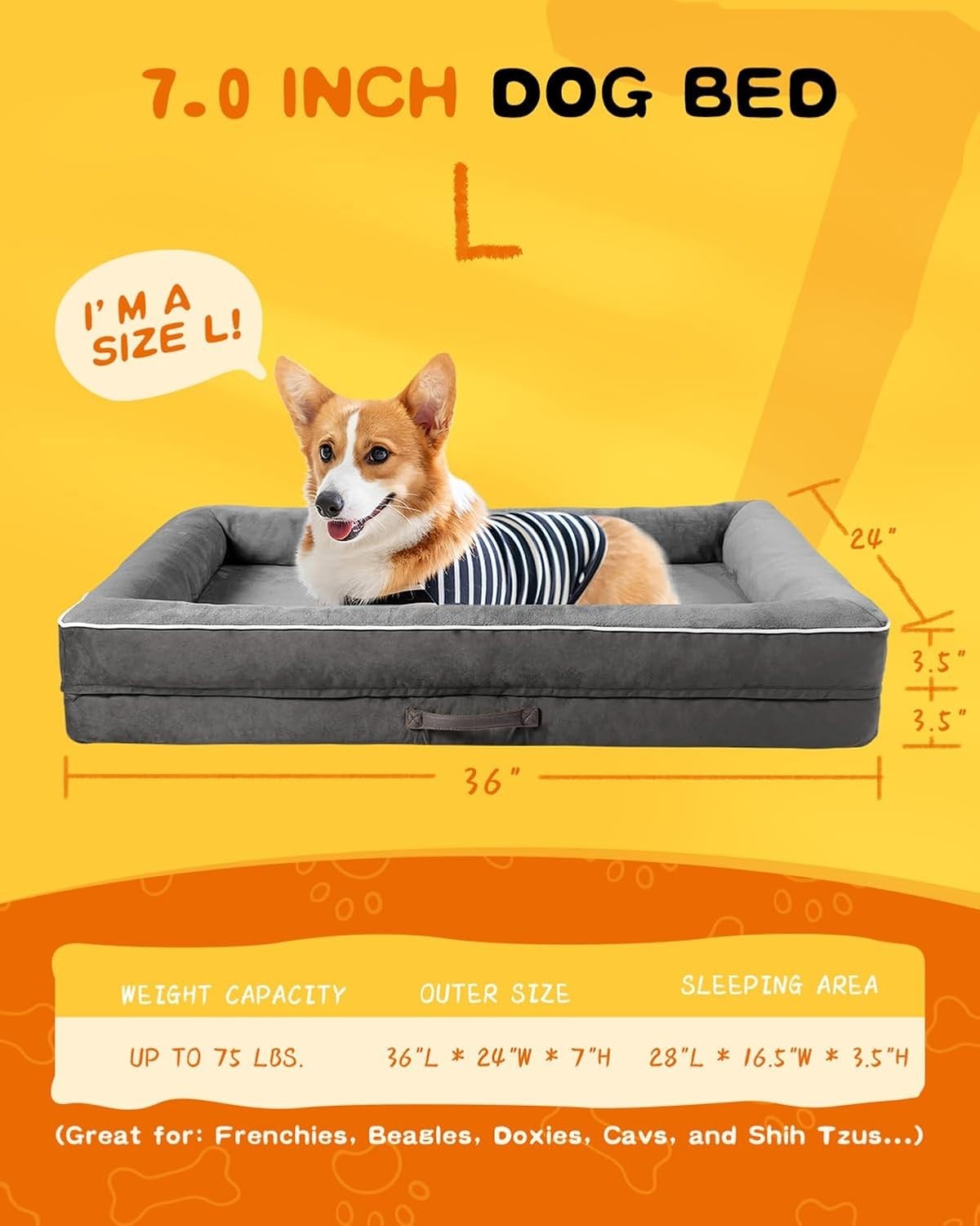 Large Orthopedic Dog Bed 90x61cm Waterproof Washable