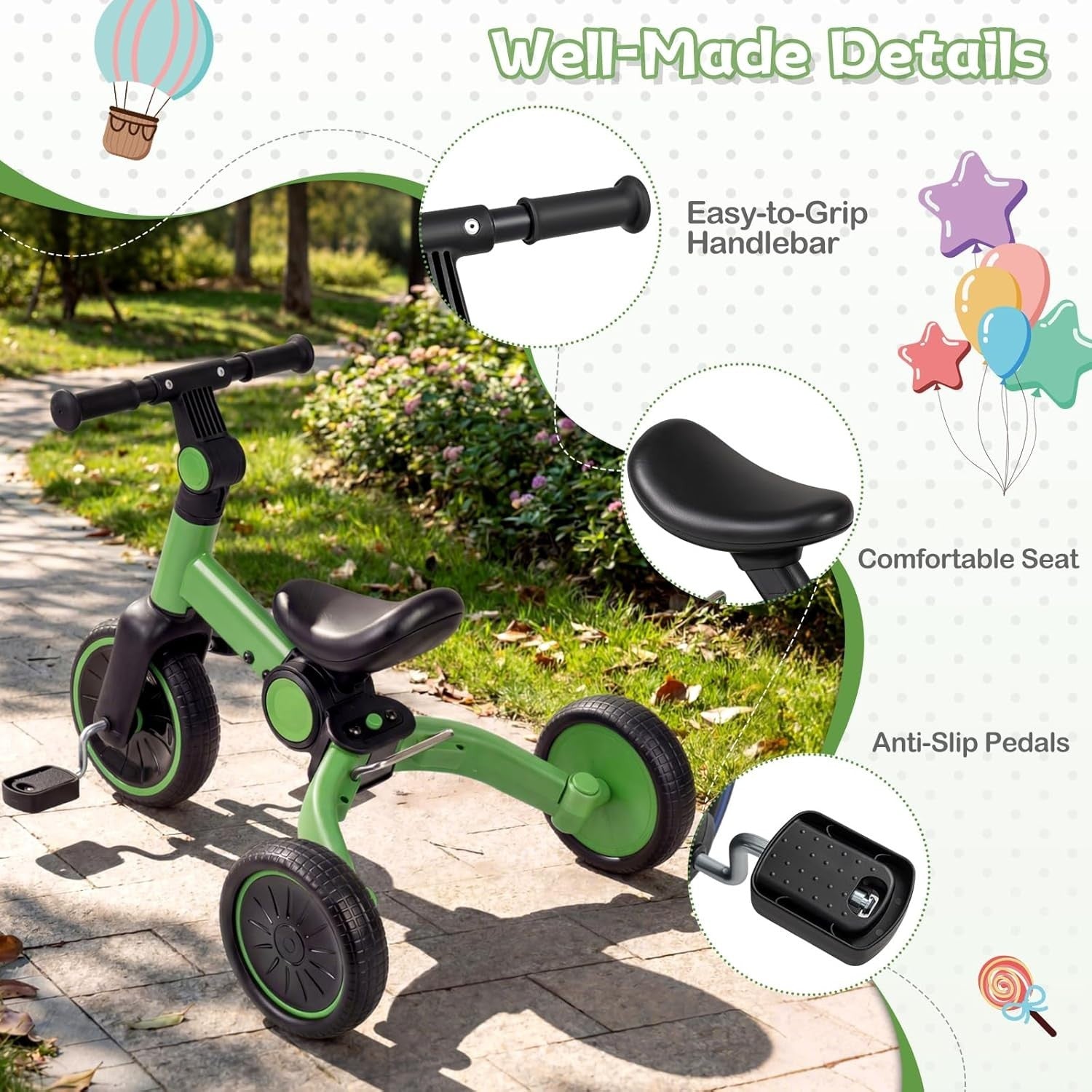 4 in 1 Kids Tricycle Balance Bike Foldable Adjustable Handle Green