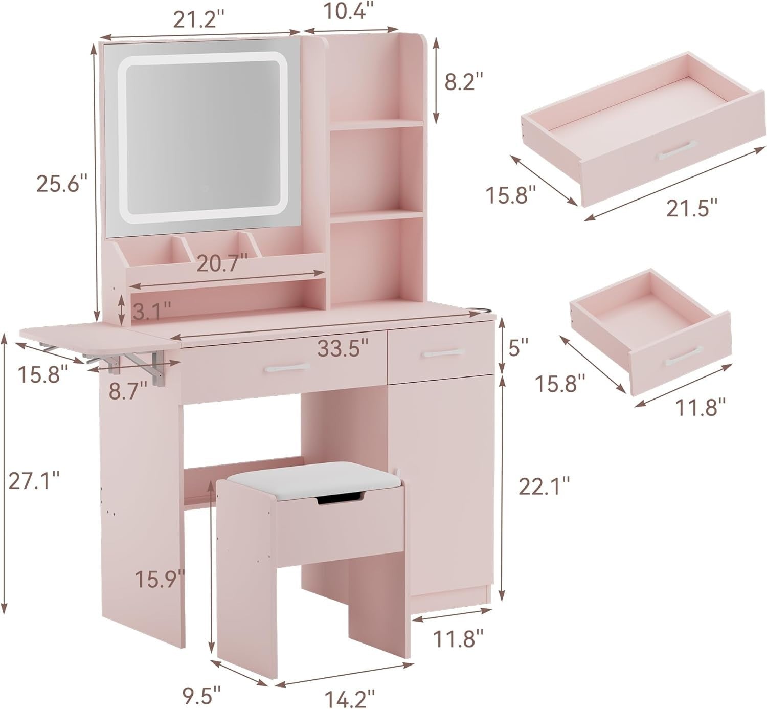 Pink Vanity Desk Makeup Table Set w/LED Light Mirror Drawers Stool Storage