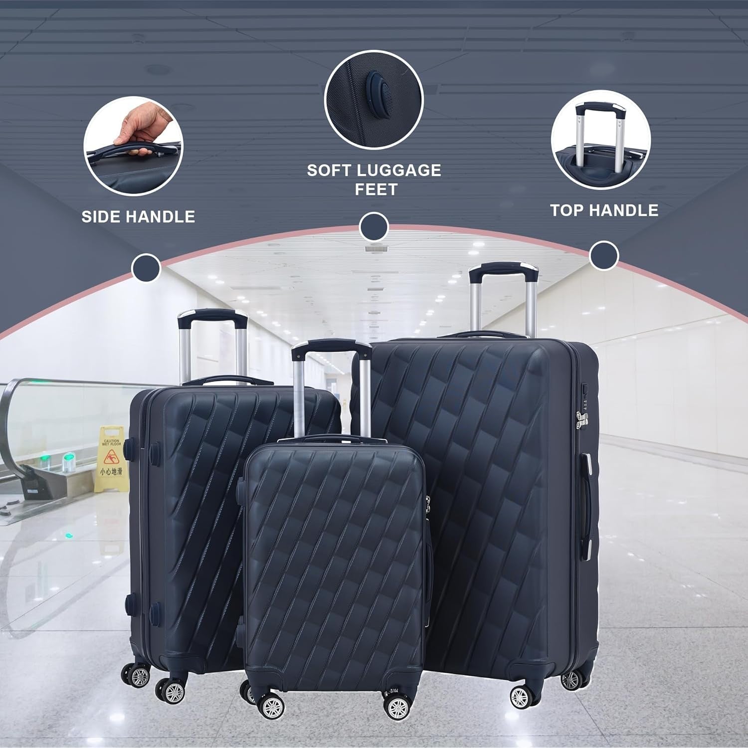 20 Inch Cabin Hard Shell Carry On Suitcase 4 Dual Spinner Wheels Lock Navy