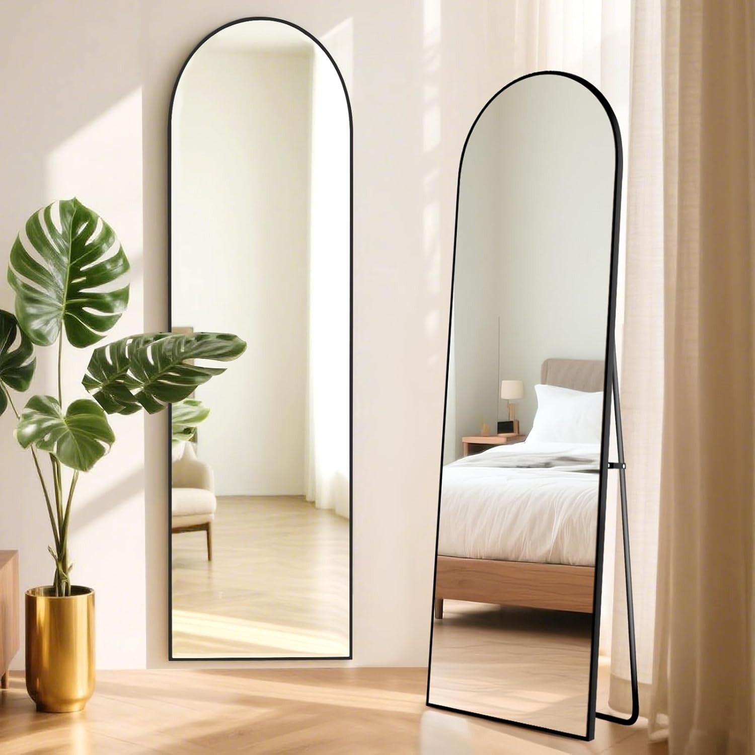 Full Length Arch Mirror 152x42cm Wall Mounted Black Frame Space Saving