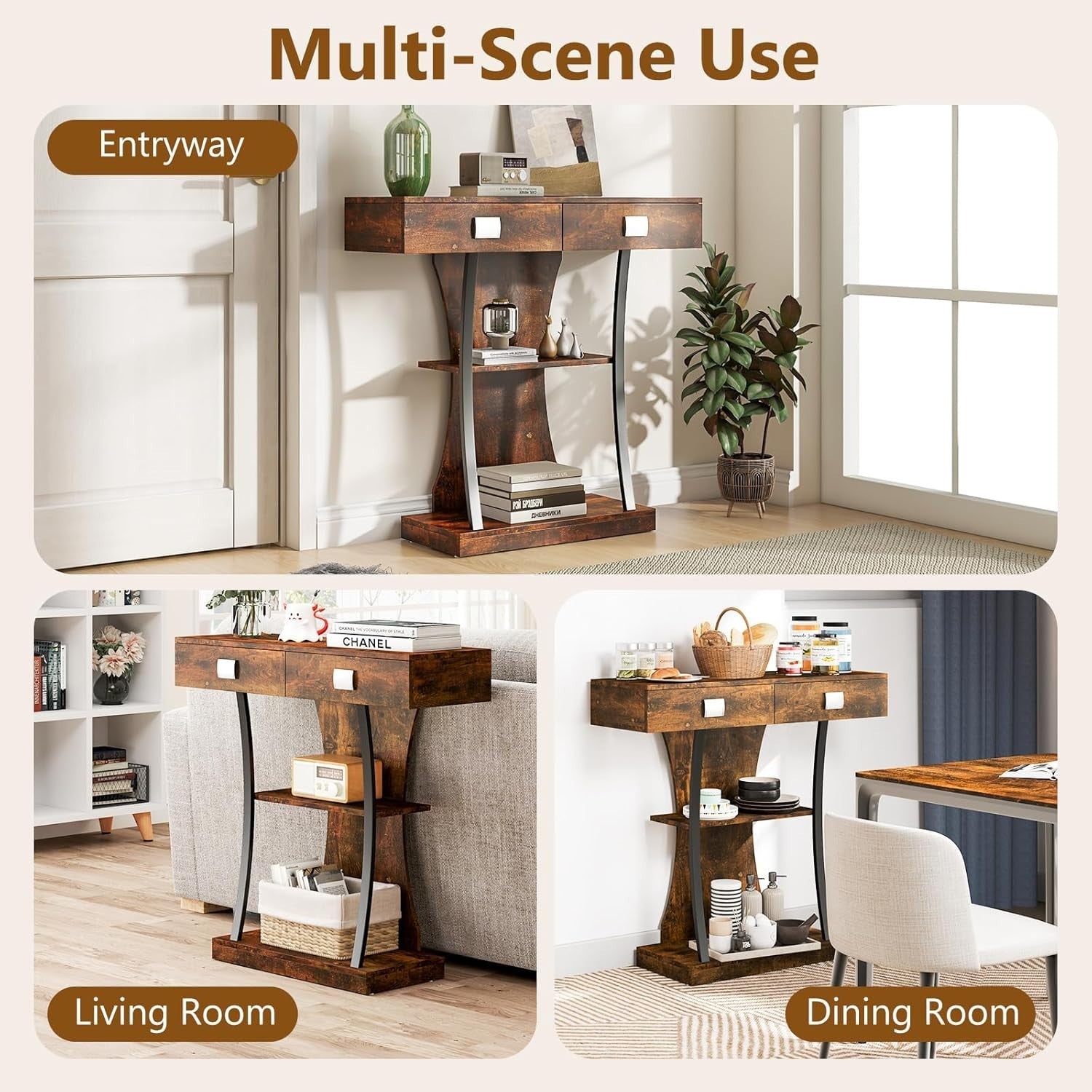 Narrow Rustic Brown Console Table with 2 Drawers & Storage Shelves