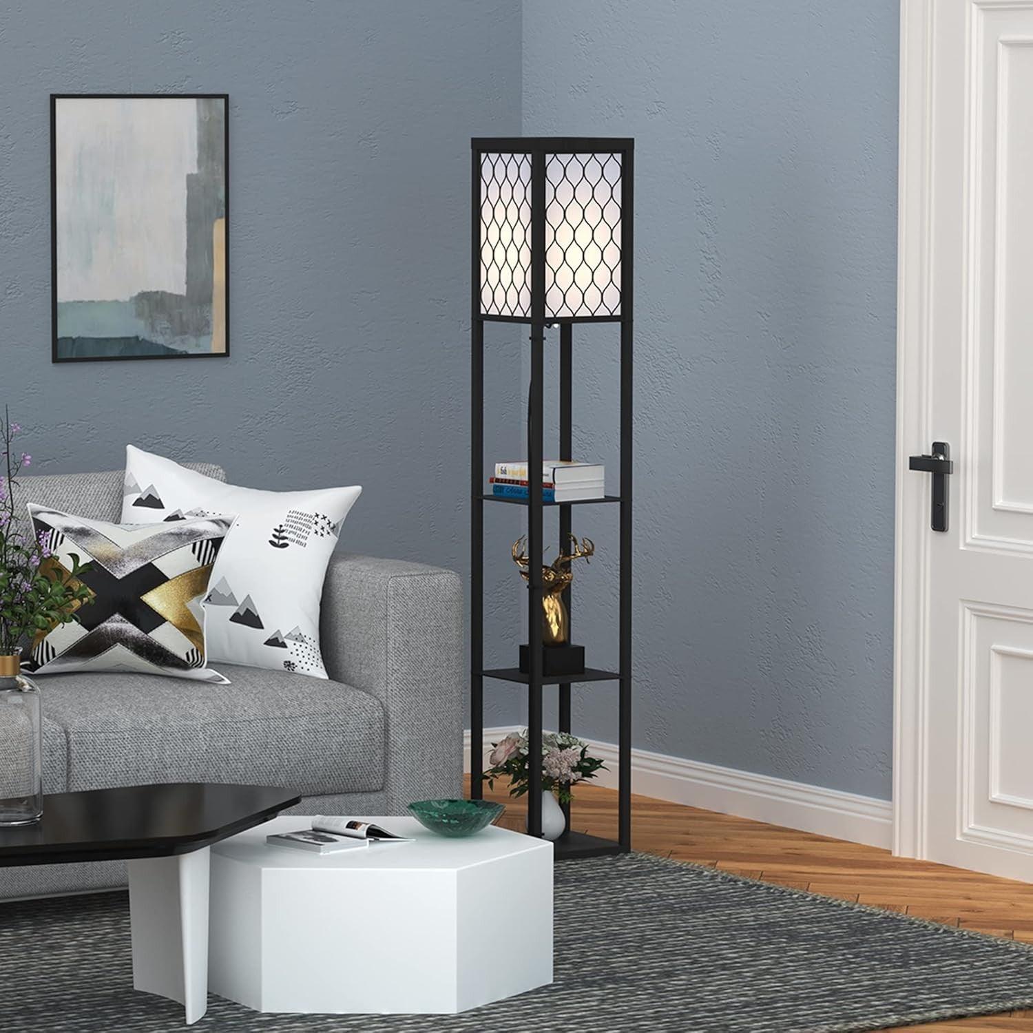 Floor Lamp with Shelves Tall Standing Light Fabric Shade Storage