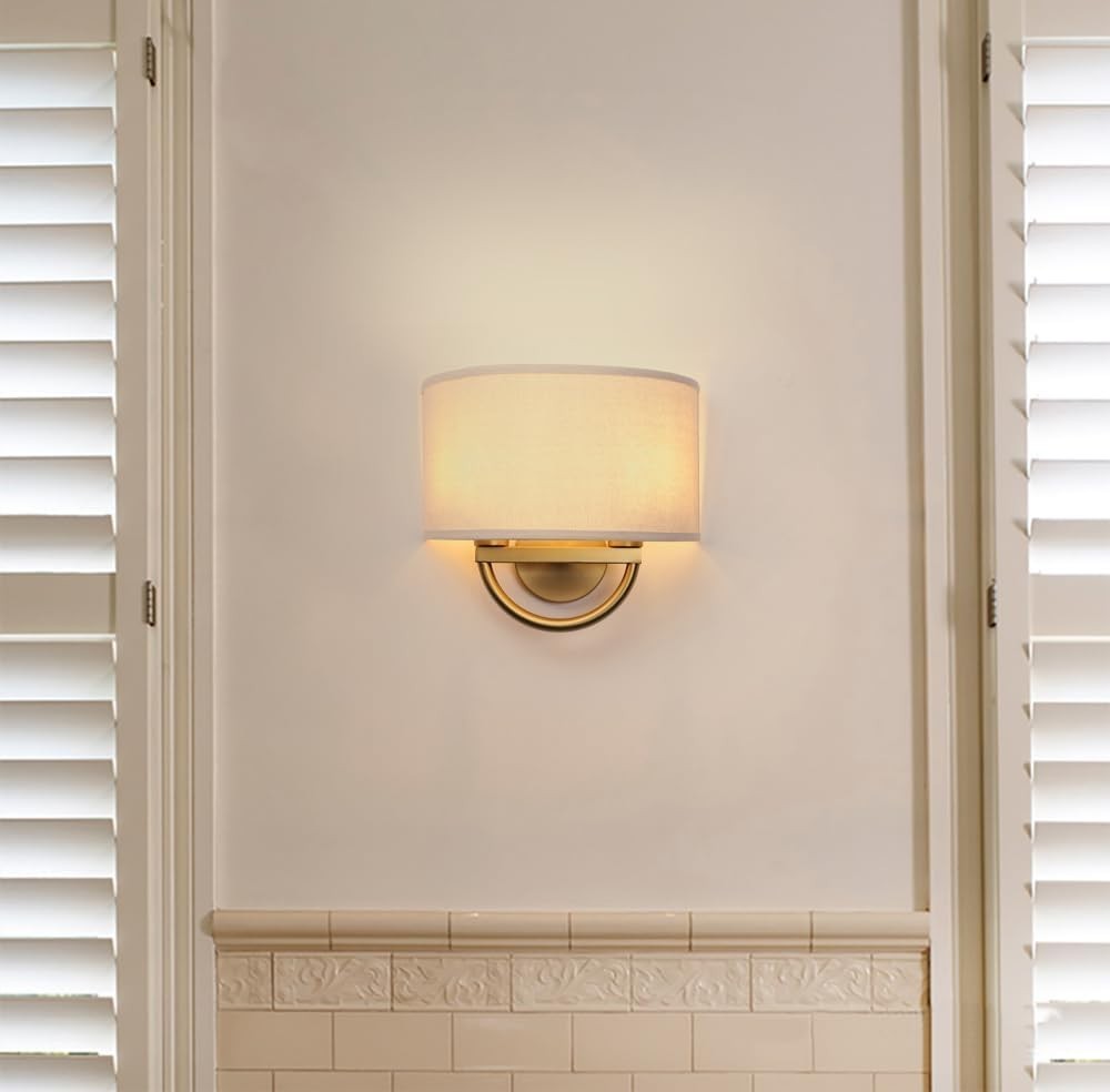 2-Light Wall Sconce Lamps with Linen Shade | Antique Brass | Easy Install
