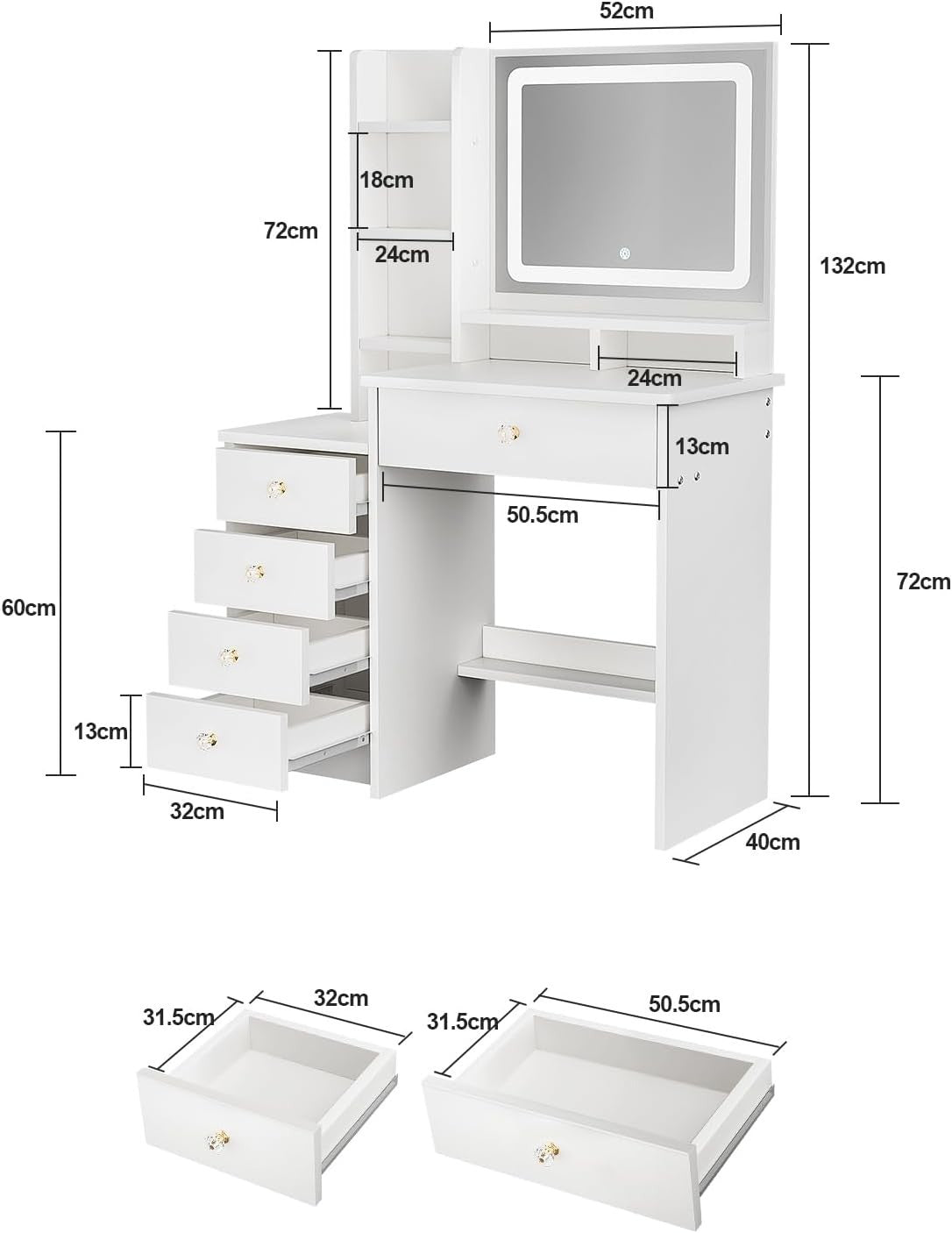 Makeup Vanity Desk Set LED Mirror 3-Color Light 4 Drawers Stool Dressing Table