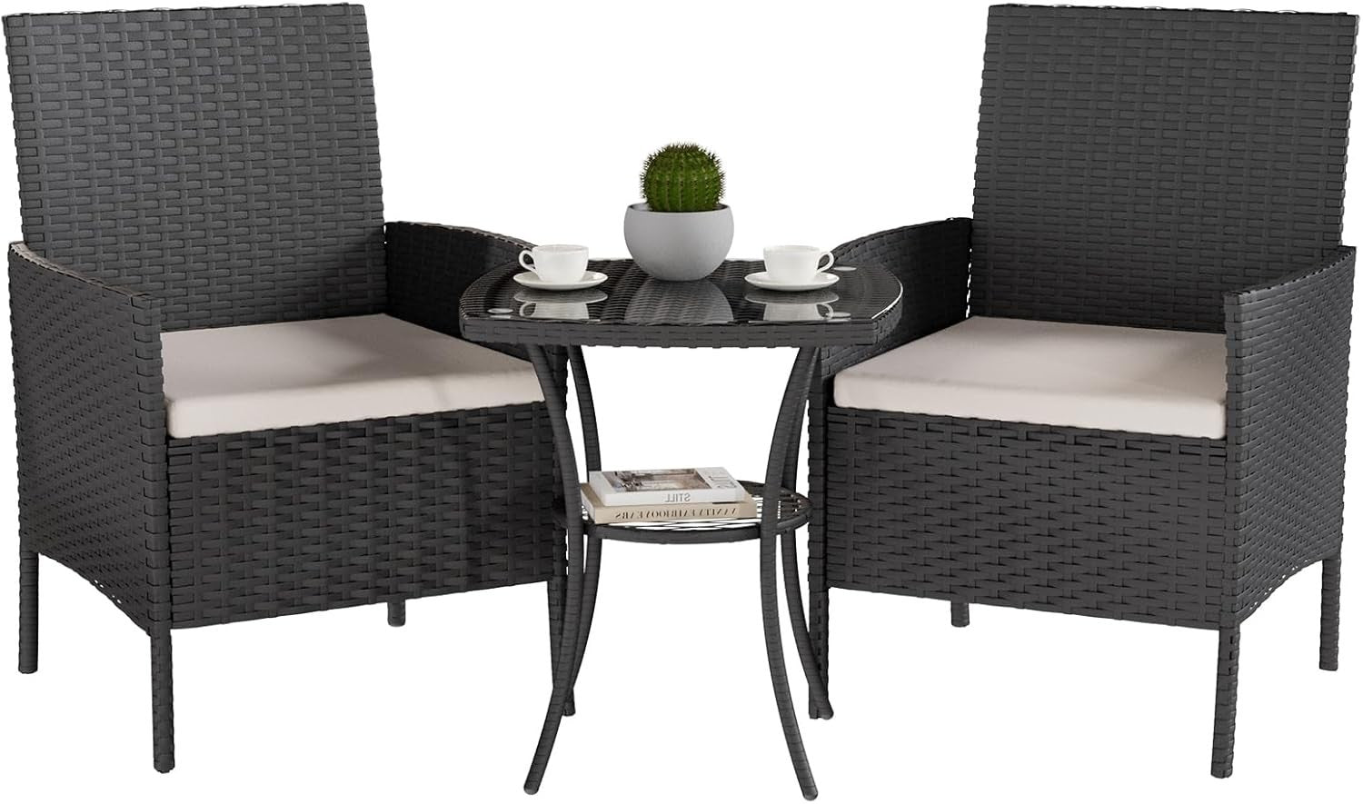 Black 3-Piece Rattan Garden Bistro Set Patio Chairs Table Outdoor Furniture
