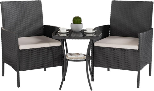 Black 3-Piece Rattan Garden Bistro Set Patio Chairs Table Outdoor Furniture