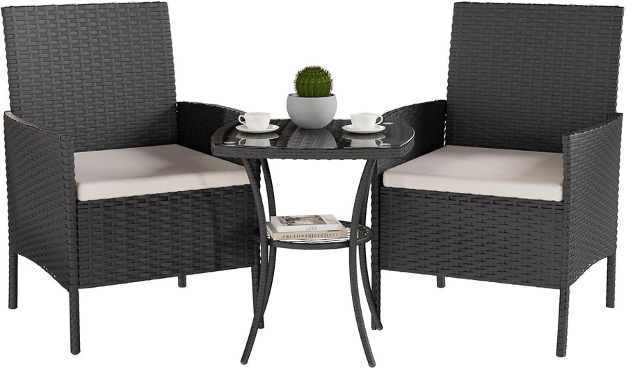 Black 3-Piece Rattan Garden Bistro Set Patio Chairs Table Outdoor Furniture