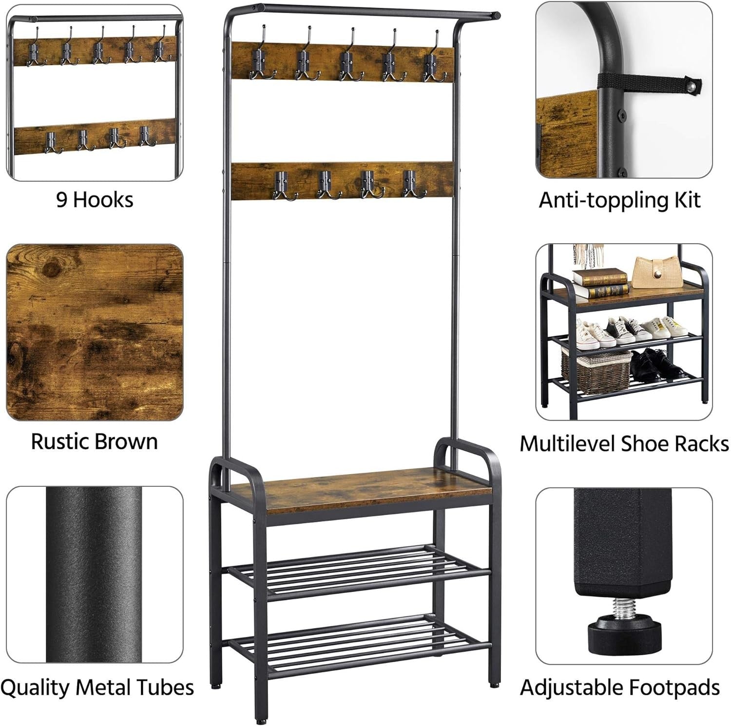 Rustic Brown Coat Rack with Shoe Bench & 23 Hooks | Hall Tree Entryway