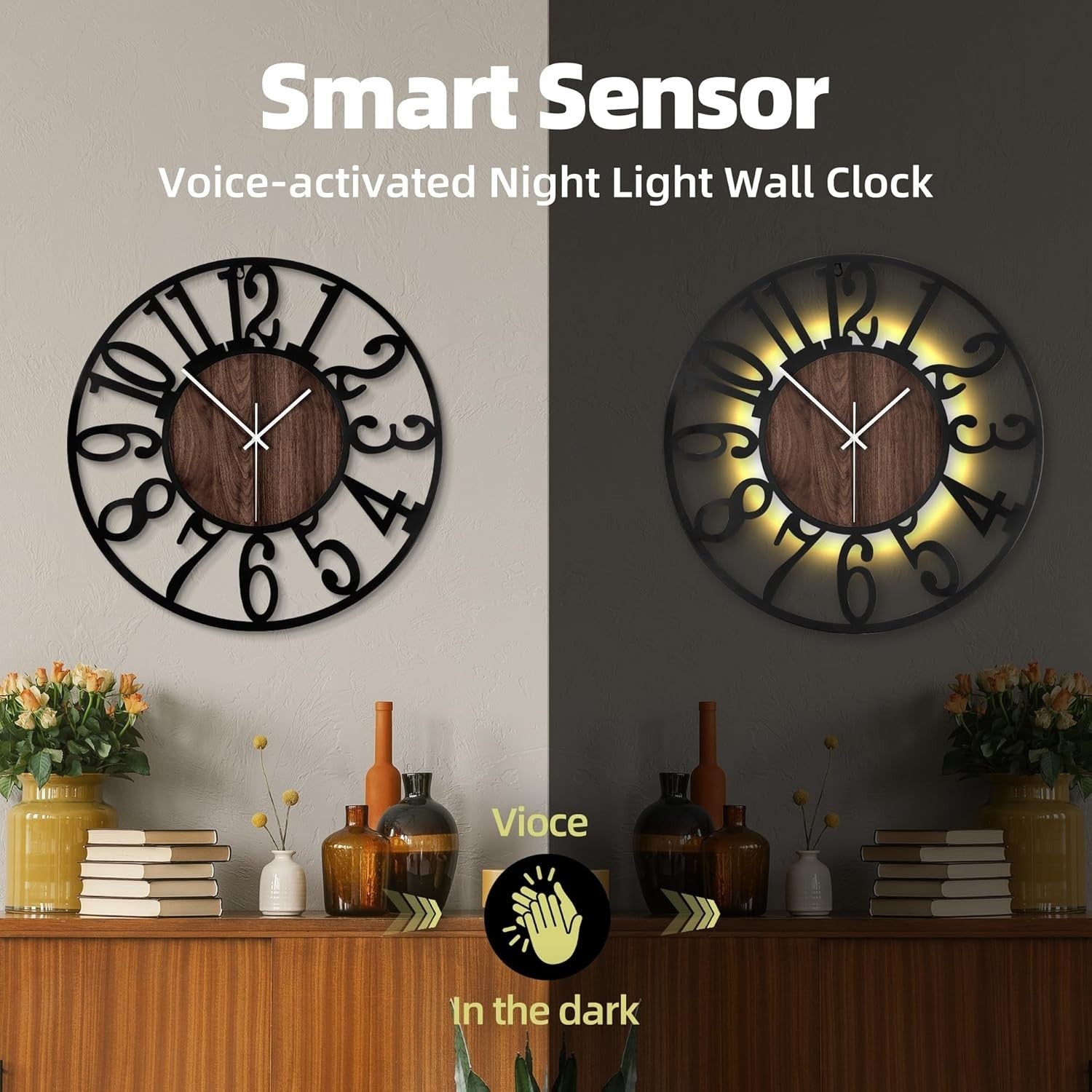60cm Silent Glow Wall Clock LED Light Sensor Rustic Metal Decor