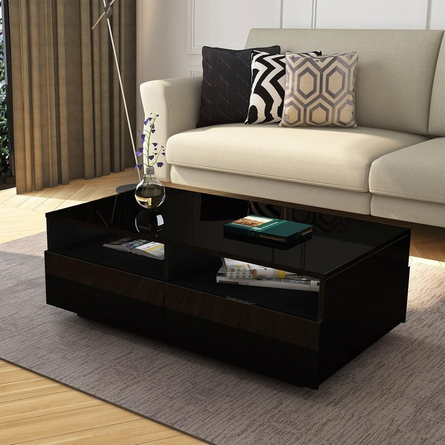 Modern Black Gloss Coffee Table 4 Drawers Storage 85x55x35cm Sleek Look