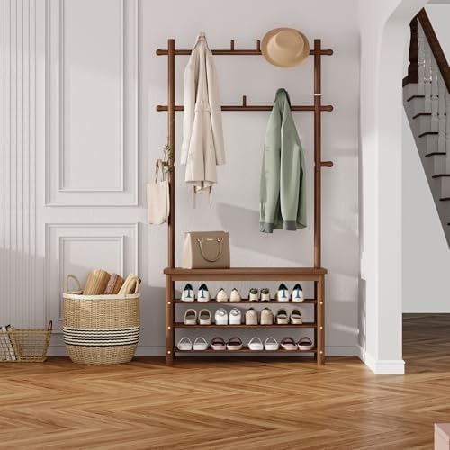 6-in-1 Bamboo Hall Tree with Bench, Shoe & Coat Rack for Entryway Mudroom