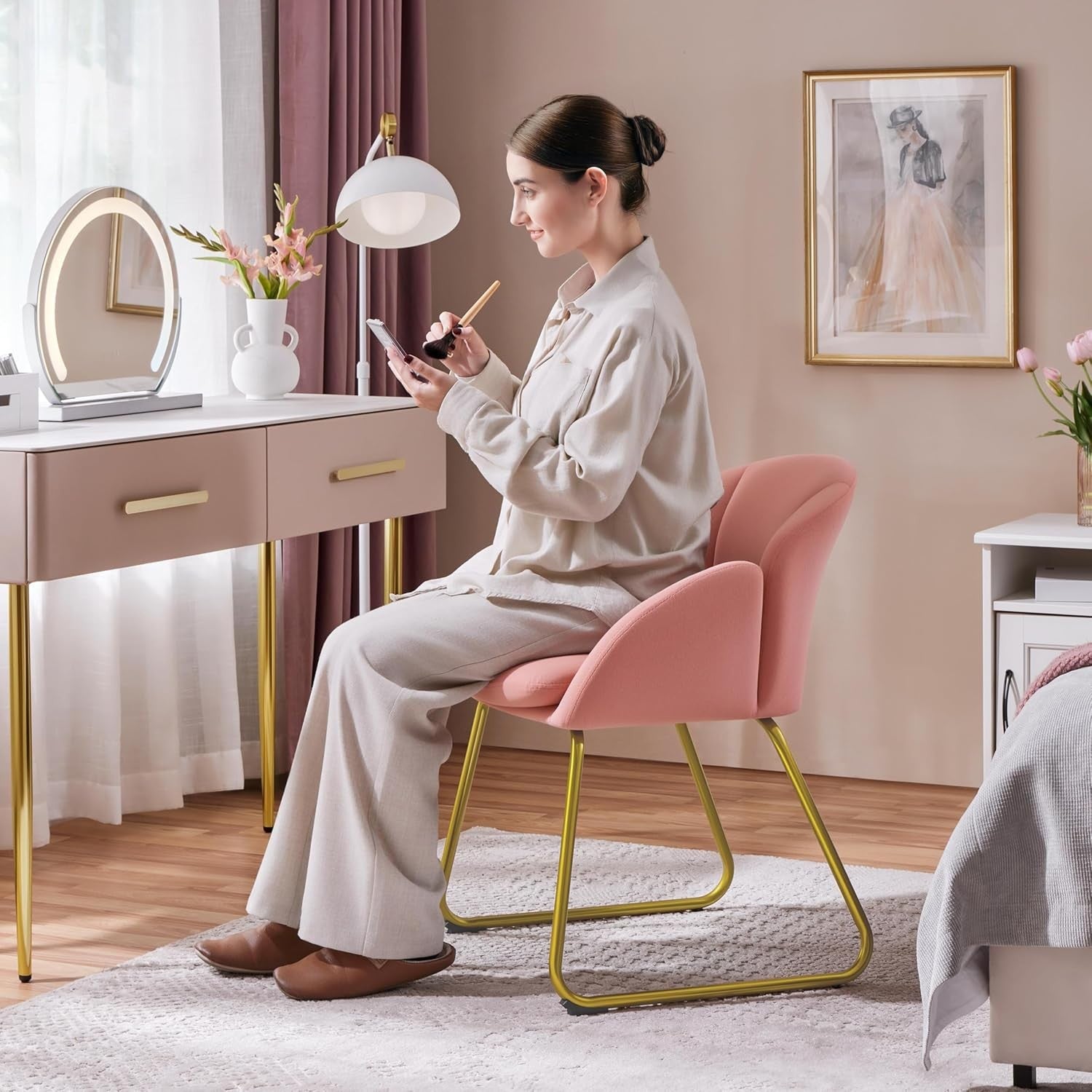 Velvet Tub Chair Accent Armchair Gold Legs Pink