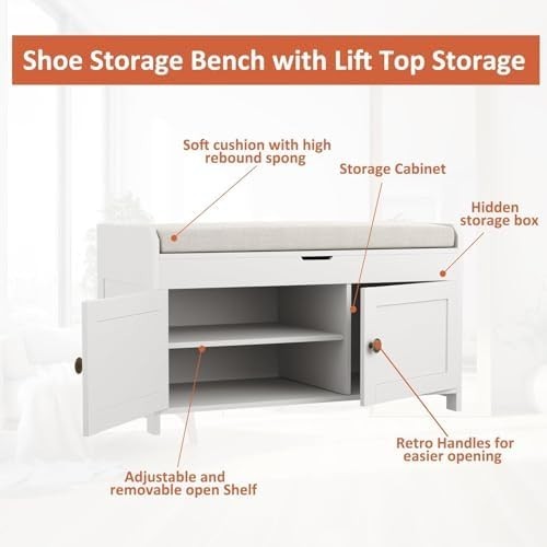 White Shoe Storage Bench with Cushion Seat 2-Door Cabinet Entryway 76x39x46cm