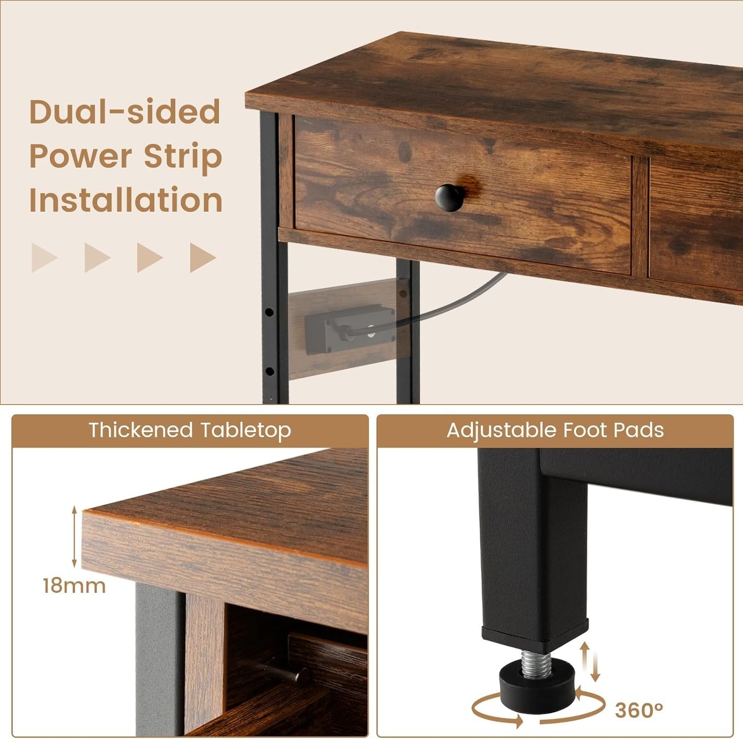 Rustic Console Table with Charging Station, Drawers & Metal Storage Shelves