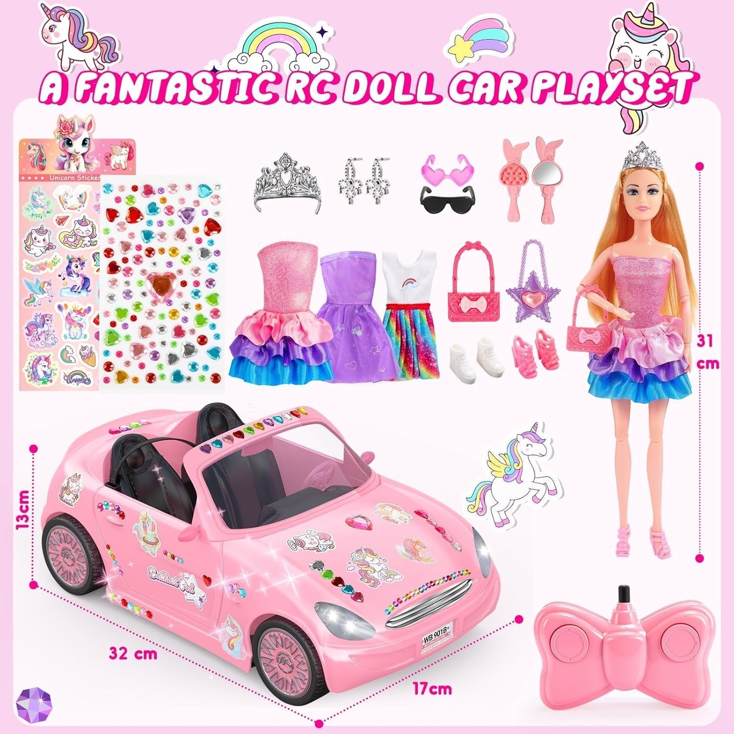 RC Car & Doll Toy Set for Girls – 10 Accessories, 3 Outfits & Stickers