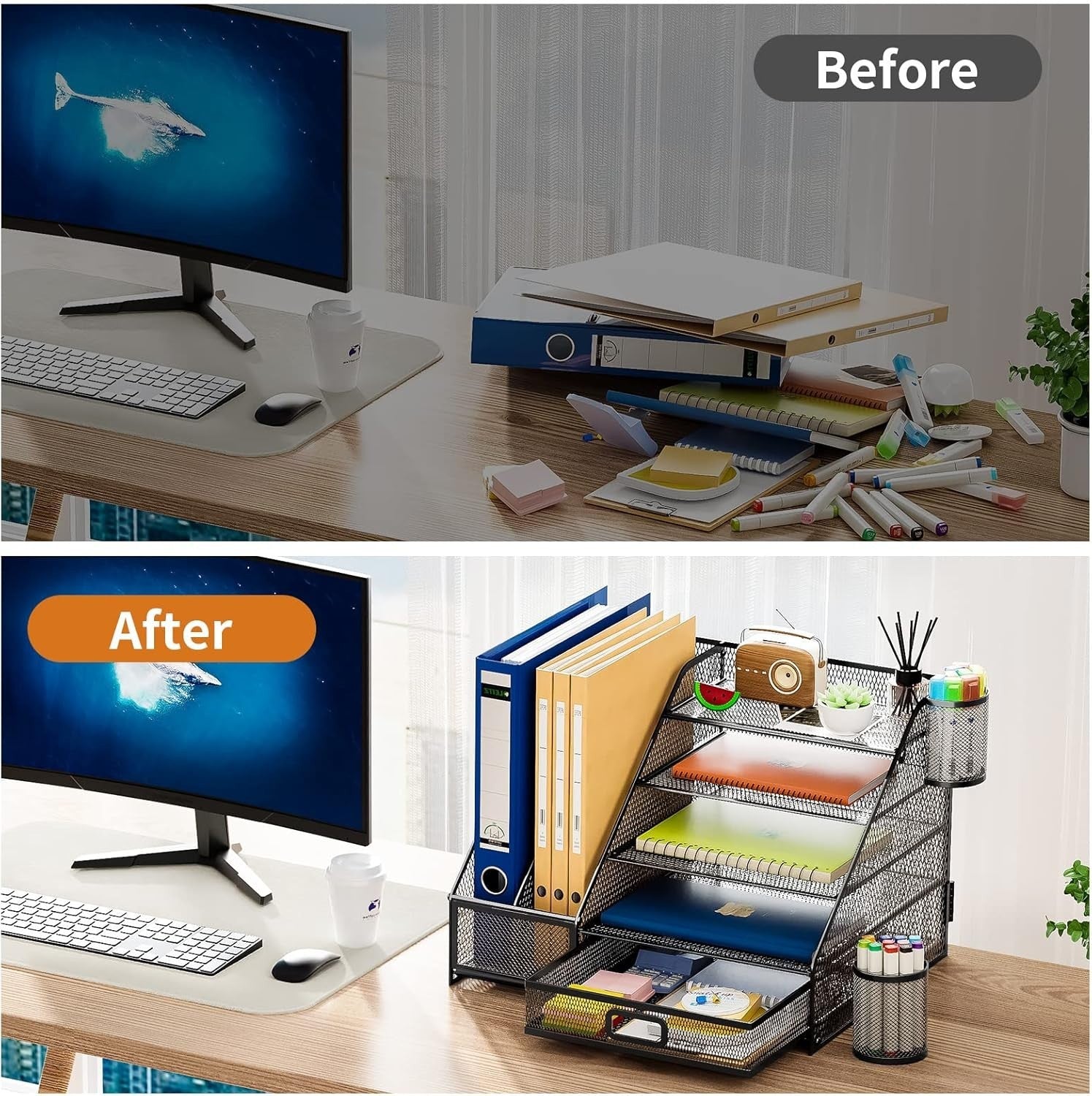 5-Tier Desk Organiser with Drawer & Pen Holders Mesh Desktop Storage