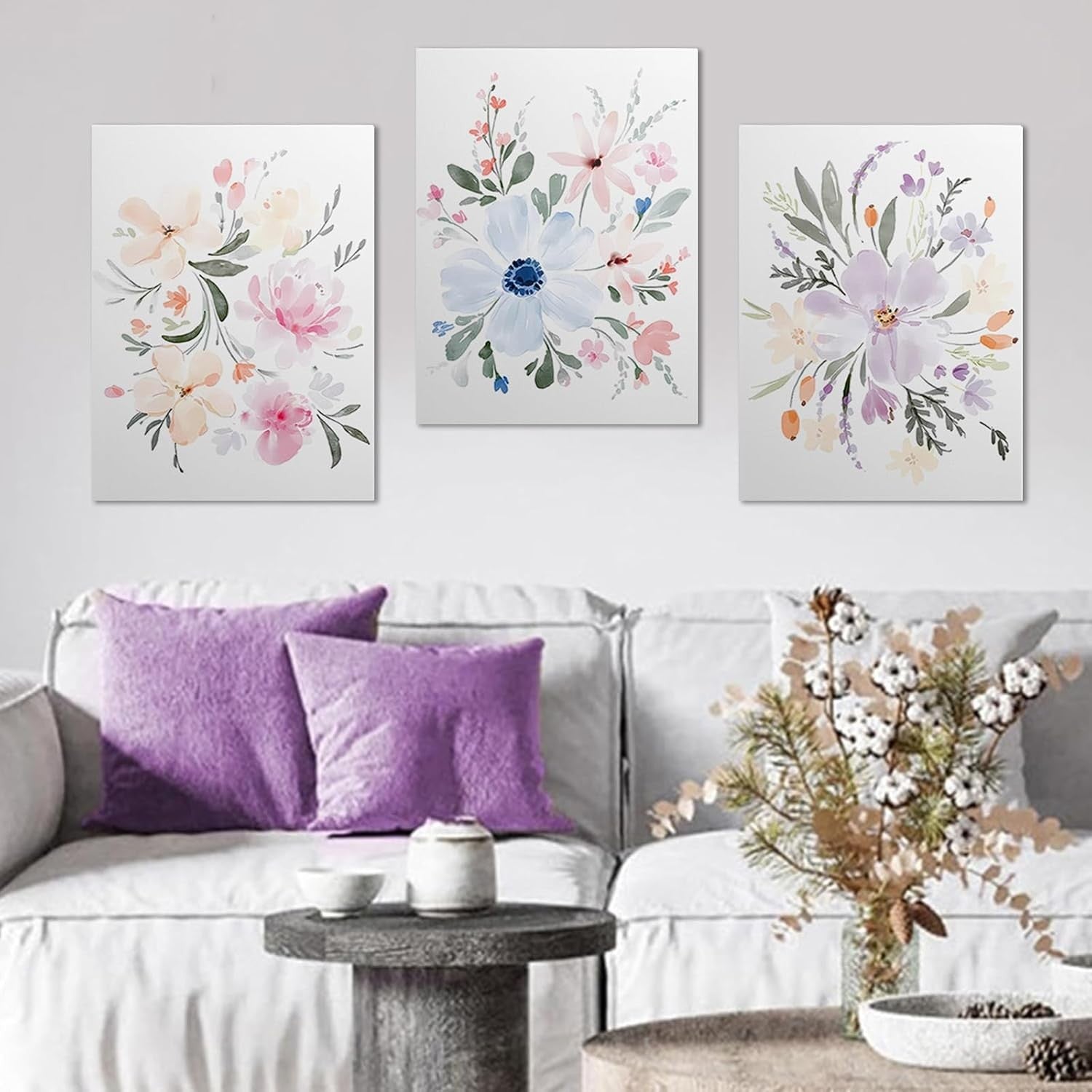Framed Floral Canvas Wall Art Set of 3 16x12in Modern Bedroom Decor