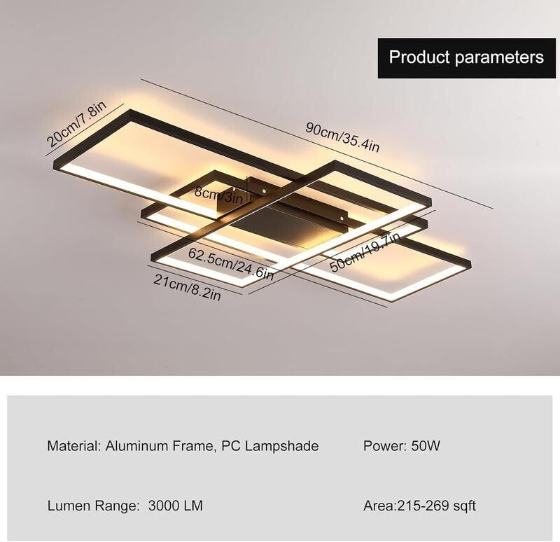 3 Square LED Ceiling Light Dimmable Remote Modern 50W Flush Mount Lamp