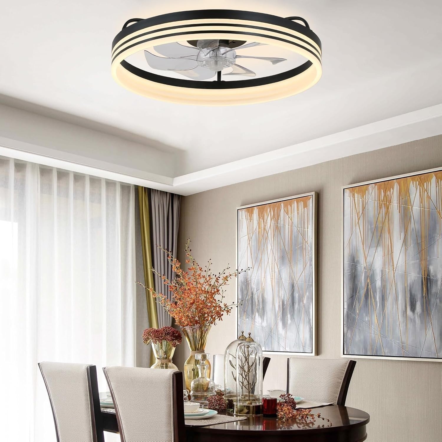 LED Ceiling Fan with Light, Dimmable, 6 Speeds, Modern, Black