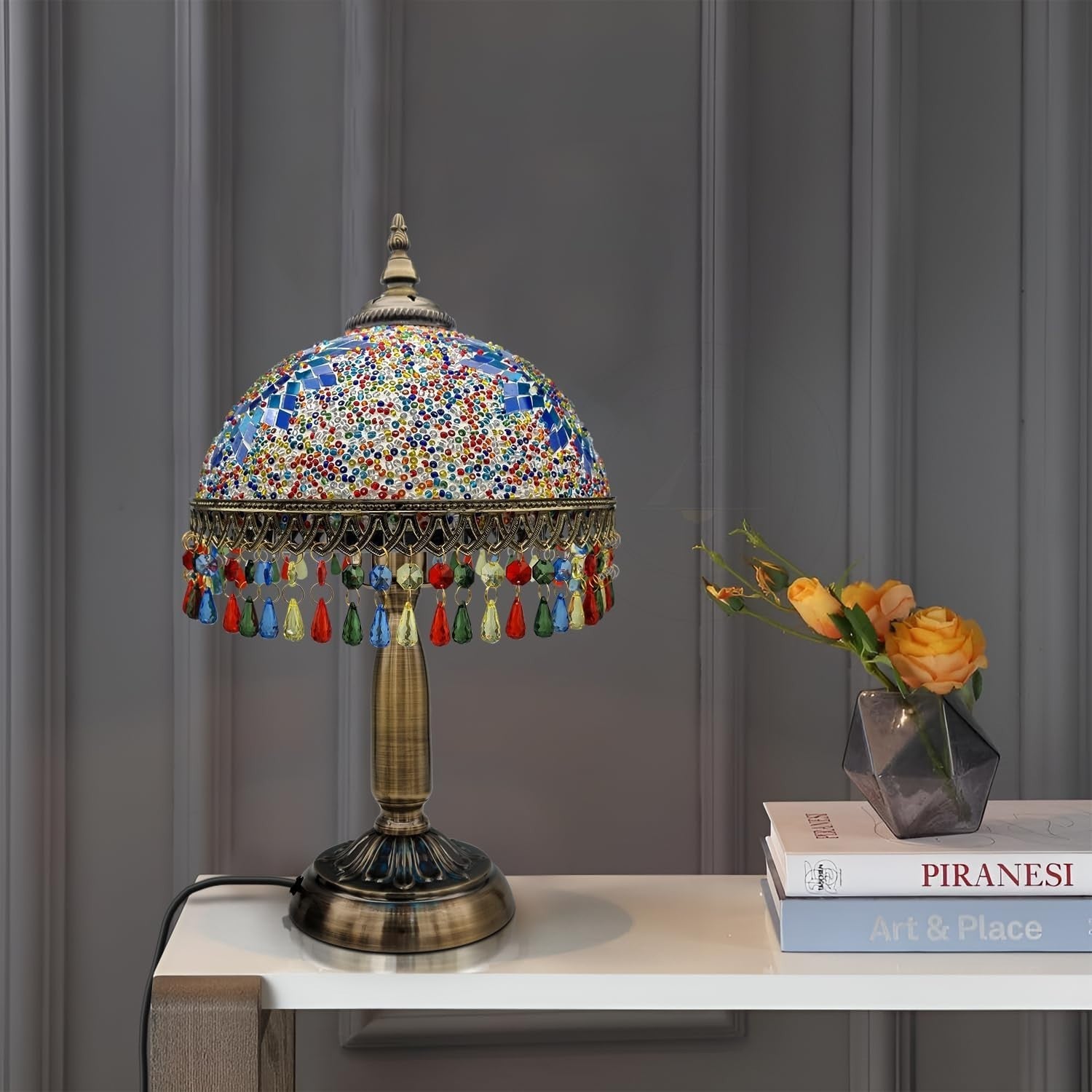 Stained Glass Table Lamp with Colorful Shade, Perfect for Bedroom & Living Room