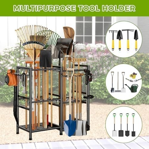3-Tier Mobile Garden Tool Rack Metal Storage Holder for Shovels Rakes Brooms