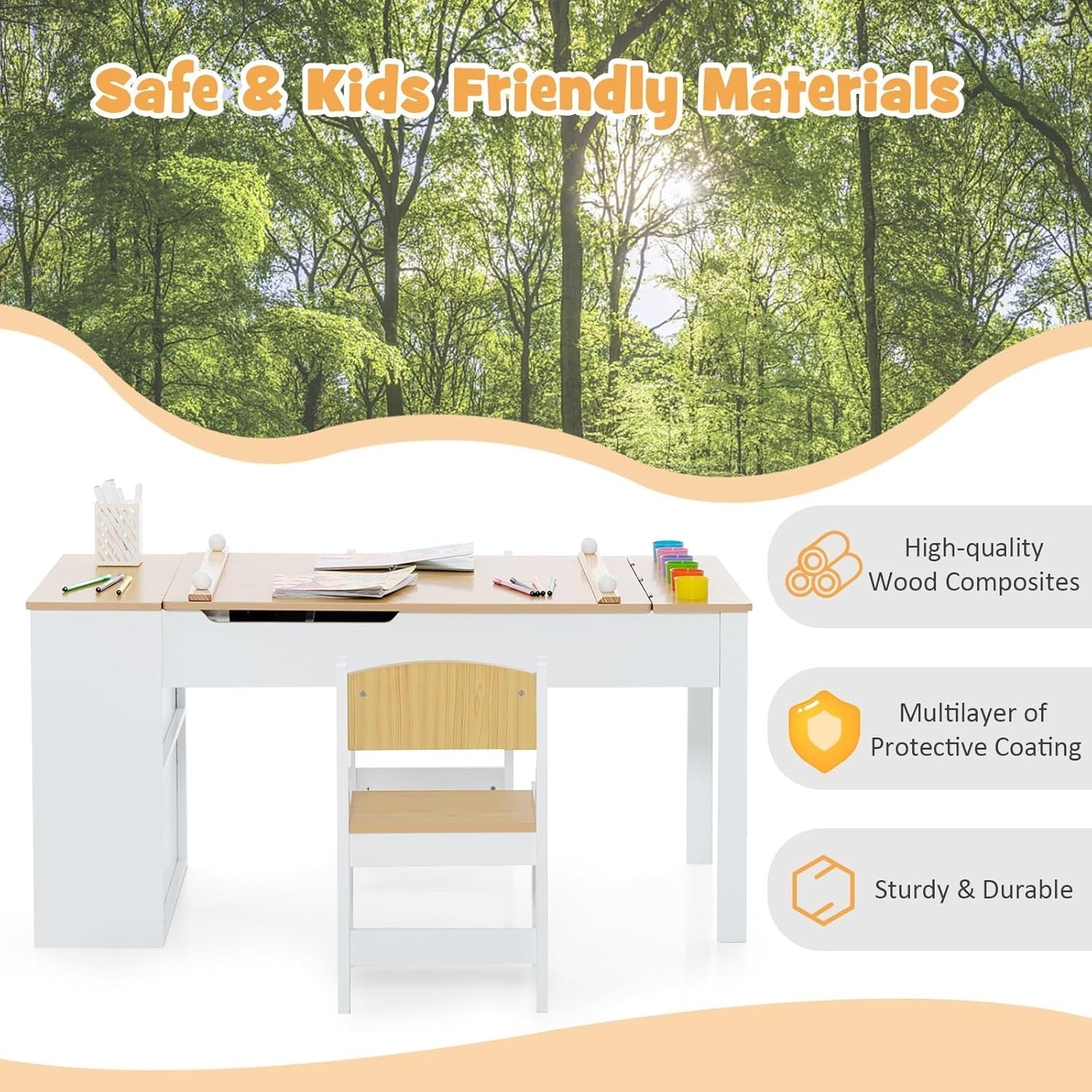 Kids Art Table and Chair Set with Storage Bins & Easel Desk Natural White 6 Cups