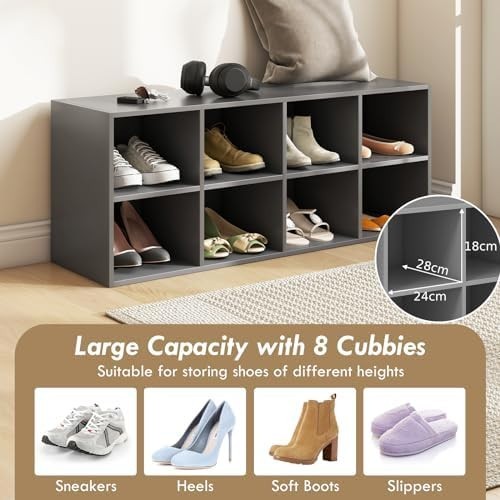 Grey Shoe Bench with 8 Compartment Storage Rack Seat for Hallway Bedroom