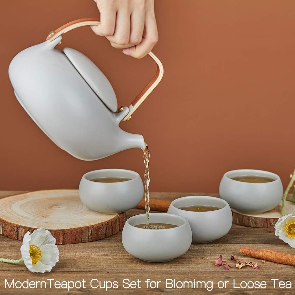 Japanese Tea Set 800ml Ceramic Teapot 4 Cups Infuser Wood Handle Grey