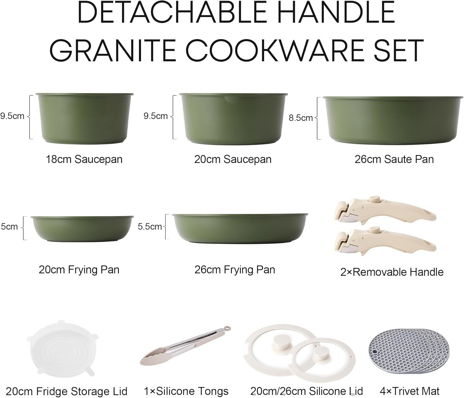 5Pcs Green Pots Pans Set with Glass Lids & Detachable Handle Induction Safe