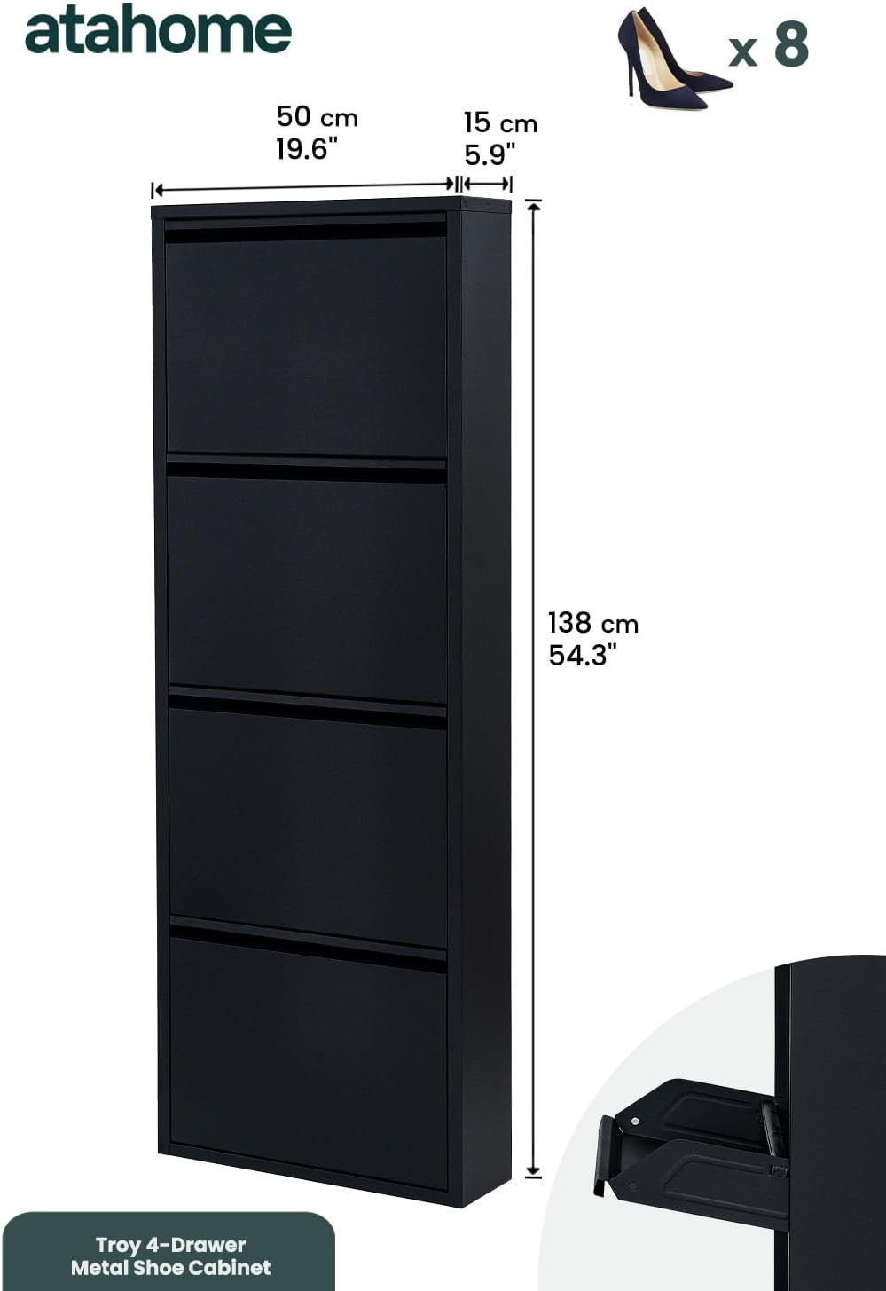 Slim Wall Mounted Shoe Cabinet 4-Tier Metal Storage Rack 138cm Black