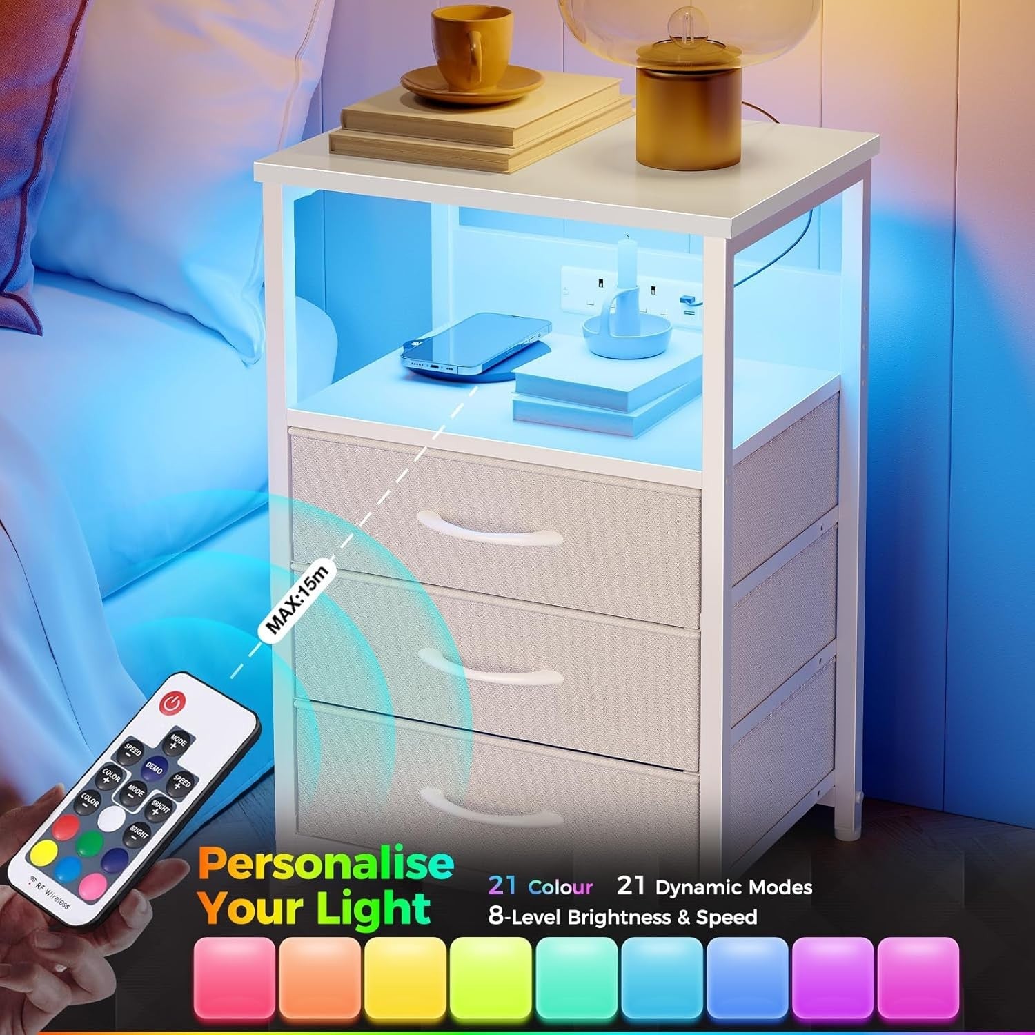 Set of 2 White LED Bedside Tables with USB Charging | 3-Drawer Modern