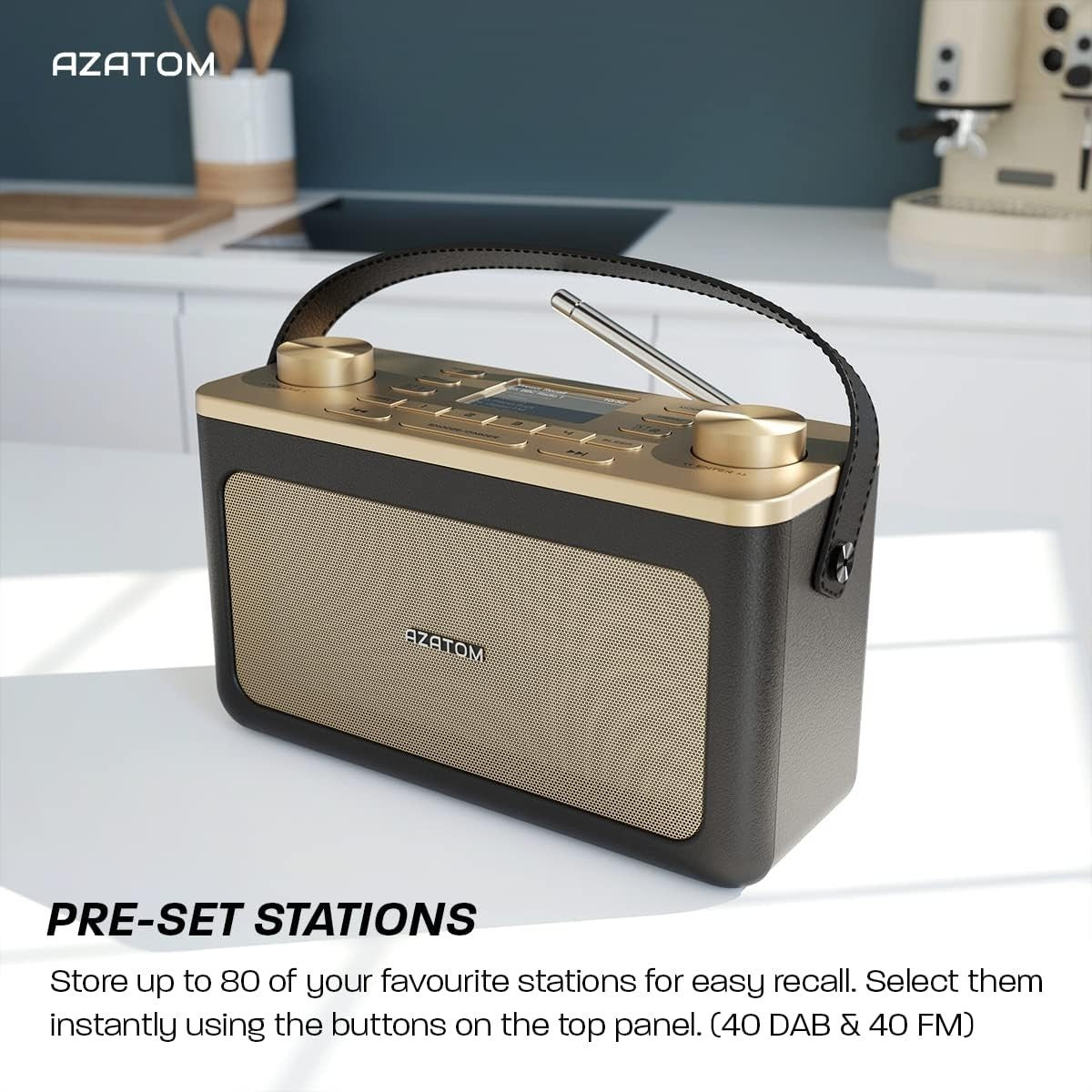 Portable DAB+ FM Radio Bluetooth Dual Alarm Leather Black Gold